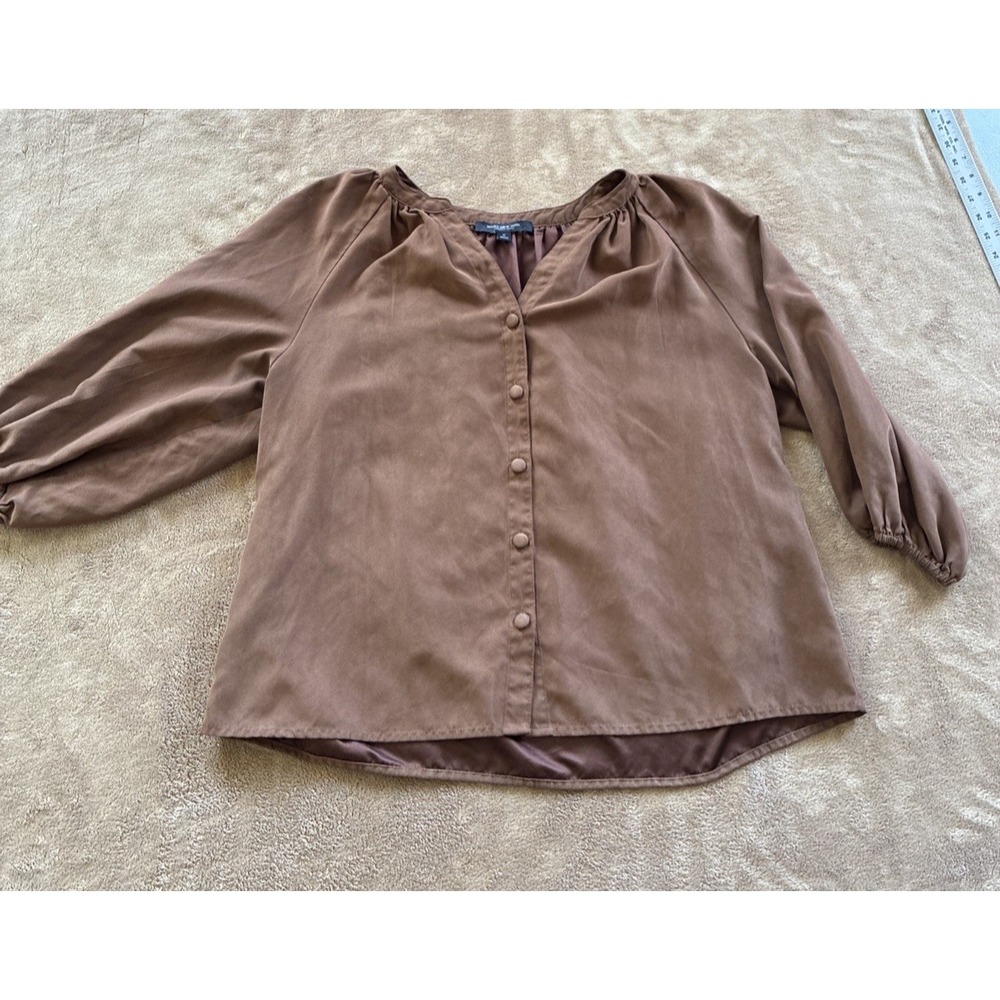 Women's Top 1X Brown Peasant Blouse Boho Chic Minimalist Corporate Causal V-neck